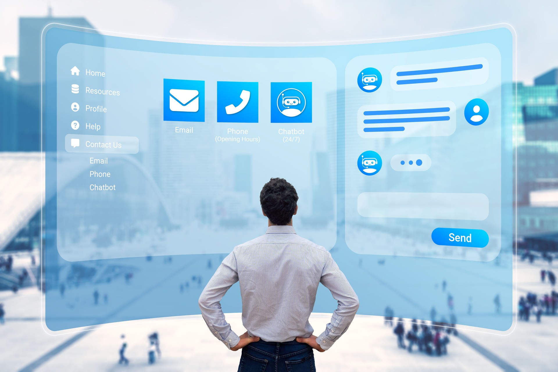 Chatbot conversation. Person using online customer service with chat bot to get support. Artificial intelligence and CRM software automation technology. Virtual assistant on internet.